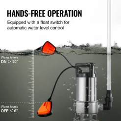 VEVOR 1HP Sump Pump, 4020GPH, 30FT Lift Stainless Steel Submersible Sludge Pump with 26FT Power Cord Automatic ON/OFF Float Switch, Drain Clean/Dirty Water for Basement Flood Pool Pond Garden Hot Tub