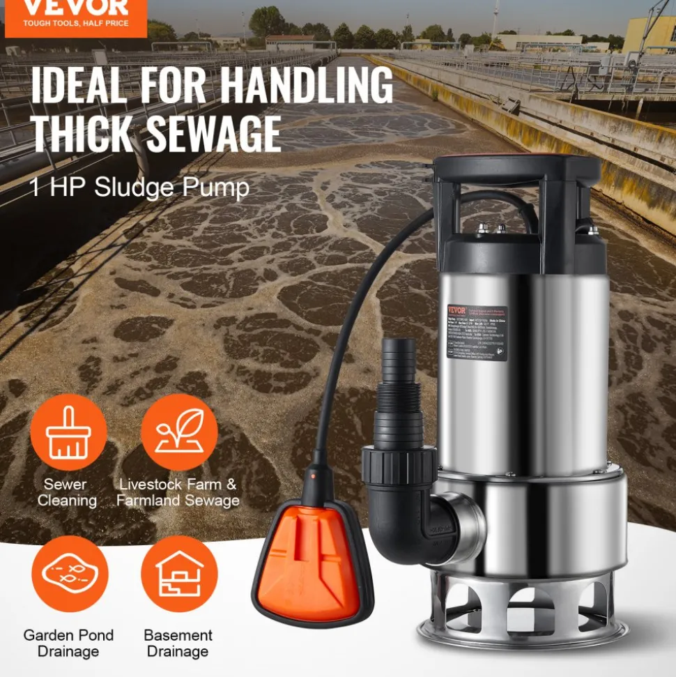 VEVOR 1HP Sump Pump, 4020GPH, 30FT Lift Stainless Steel Submersible Sludge Pump with 26FT Power Cord Automatic ON/OFF Float Switch, Drain Clean/Dirty Water for Basement Flood Pool Pond Garden Hot Tub