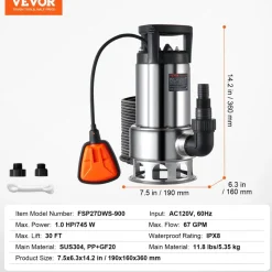 VEVOR 1HP Sump Pump, 4020GPH, 30FT Lift Stainless Steel Submersible Sludge Pump with 26FT Power Cord Automatic ON/OFF Float Switch, Drain Clean/Dirty Water for Basement Flood Pool Pond Garden Hot Tub