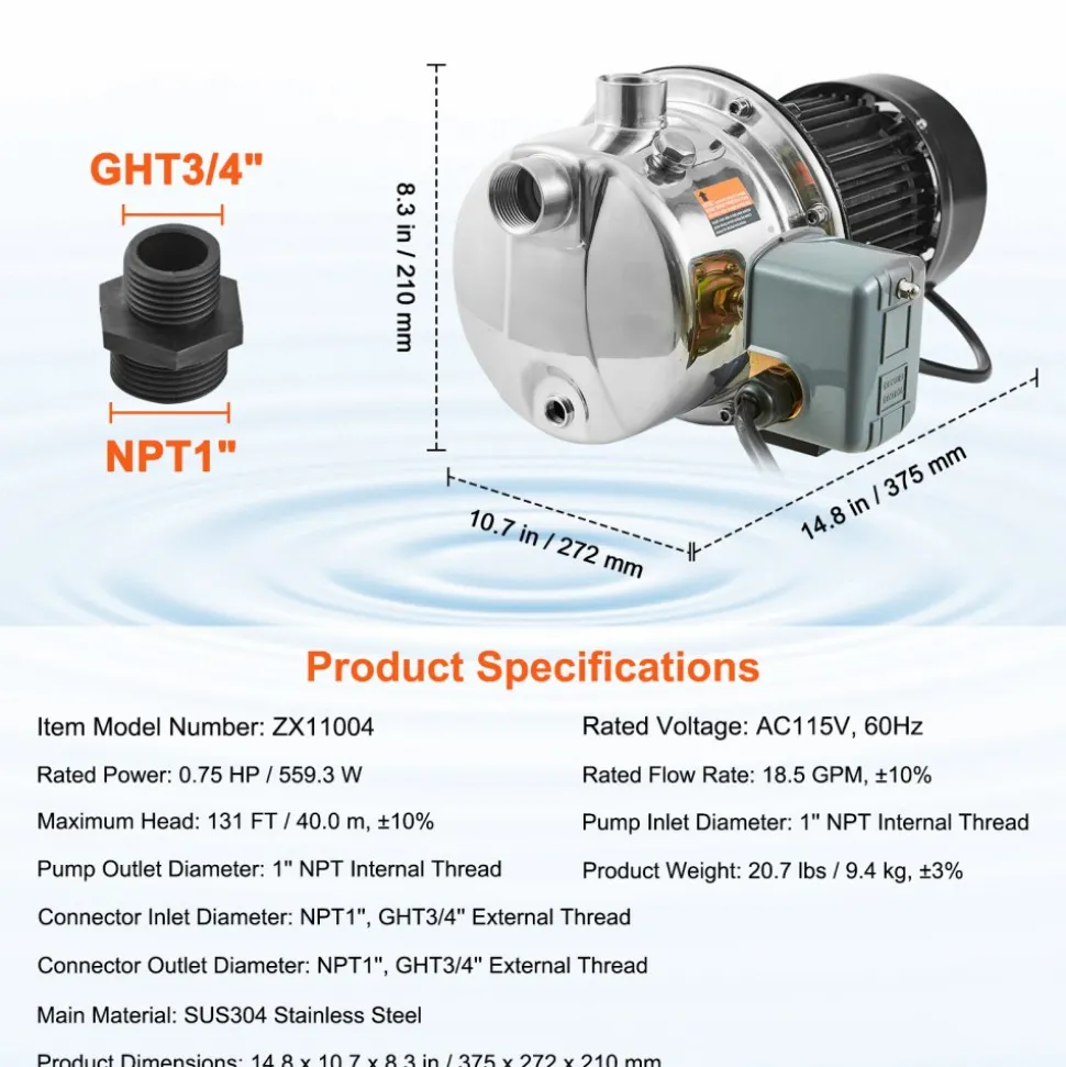 VEVOR 3/4HP SUS304 Stainless Steel Shallow Well Jet Pump, 115 Volt, 18.5 GPM 131 FT Maximum Head Irrigation Water Pump, for Agricultural Garden Irrigation System High-Rise Water Supply Shower Booster