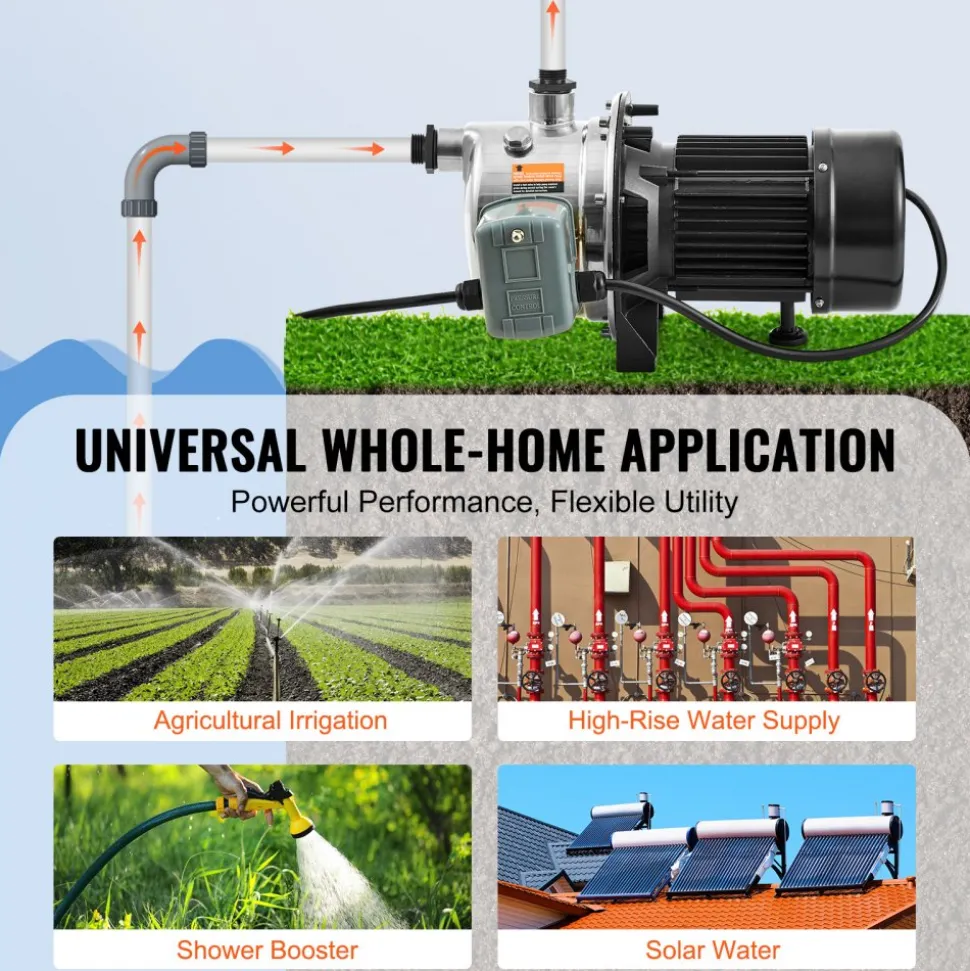 VEVOR 3/4HP SUS304 Stainless Steel Shallow Well Jet Pump, 115 Volt, 18.5 GPM 131 FT Maximum Head Irrigation Water Pump, for Agricultural Garden Irrigation System High-Rise Water Supply Shower Booster
