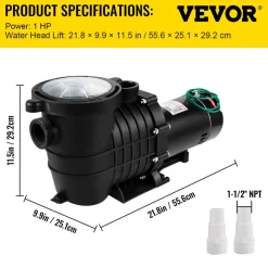 VEVOR 1HP Swimming Pool Pump, Dual Voltage 110V/220V, Circulates 5544GPH for Efficient Water Movement Above Pools, Includes Strainer Basket & Two 1-1/2'' NPT Connectors