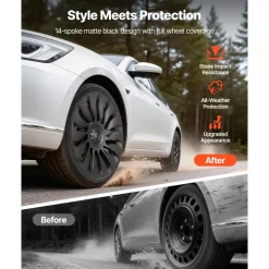 VEVOR Hubcaps Wheel Covers for 2021-2024 Tesla Model Y, 19 Inch Set of 4 Wheel Rim Cover Hubcaps OEM Style Replacement, R19 Size Snap On Car Hub Caps, Premium 14-Spoke ABS Tire Rim Caps, Matte Black
