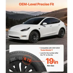 VEVOR Hubcaps Wheel Covers for 2021-2024 Tesla Model Y, 19 Inch Set of 4 Wheel Rim Cover Hubcaps OEM Style Replacement, R19 Size Snap On Car Hub Caps, Premium 14-Spoke ABS Tire Rim Caps, Matte Black
