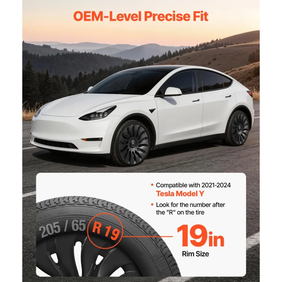 VEVOR Hubcaps Wheel Covers for 2021-2024 Tesla Model Y, 19 Inch Set of 4 Wheel Rim Cover Hubcaps OEM Style Replacement, R19 Size Snap On Car Hub Caps, Premium 14-Spoke ABS Tire Rim Caps, Matte Black