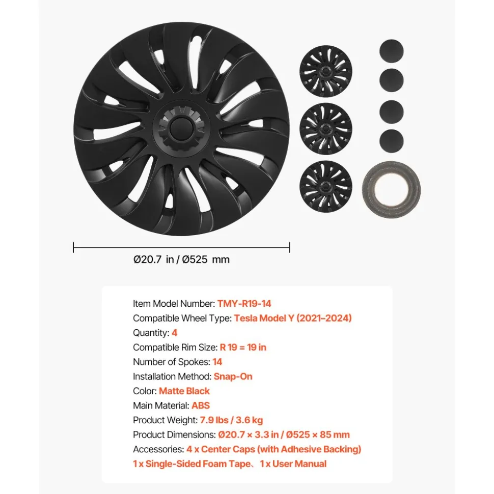 VEVOR Hubcaps Wheel Covers for 2021-2024 Tesla Model Y, 19 Inch Set of 4 Wheel Rim Cover Hubcaps OEM Style Replacement, R19 Size Snap On Car Hub Caps, Premium 14-Spoke ABS Tire Rim Caps, Matte Black