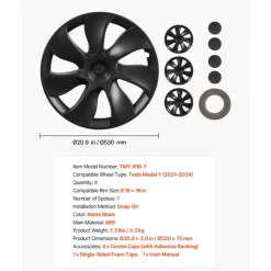 VEVOR Hubcaps Wheel Covers for 2021-2024 Tesla Model Y, 19 Inch Set of 4 Wheel Rim Cover Hubcaps OEM Style Replacement, R19 Size Snap On Car Hub Caps, Premium 7-Spoke ABS Tire Rim Caps, Matte Black
