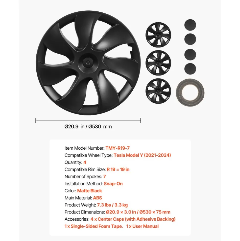 VEVOR Hubcaps Wheel Covers for 2021-2024 Tesla Model Y, 19 Inch Set of 4 Wheel Rim Cover Hubcaps OEM Style Replacement, R19 Size Snap On Car Hub Caps, Premium 7-Spoke ABS Tire Rim Caps, Matte Black