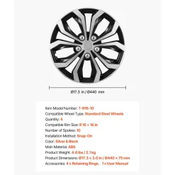 VEVOR Hubcaps Wheel Covers, 16 Inch Set of 4 Wheel Rim Cover Hubcaps OEM Replacement, R16 Size Snap On Car Hub Caps, Universal 10-Spoke ABS Tire Rim Caps for Hyundai Chevrolet Ford Honda, Silver/Black