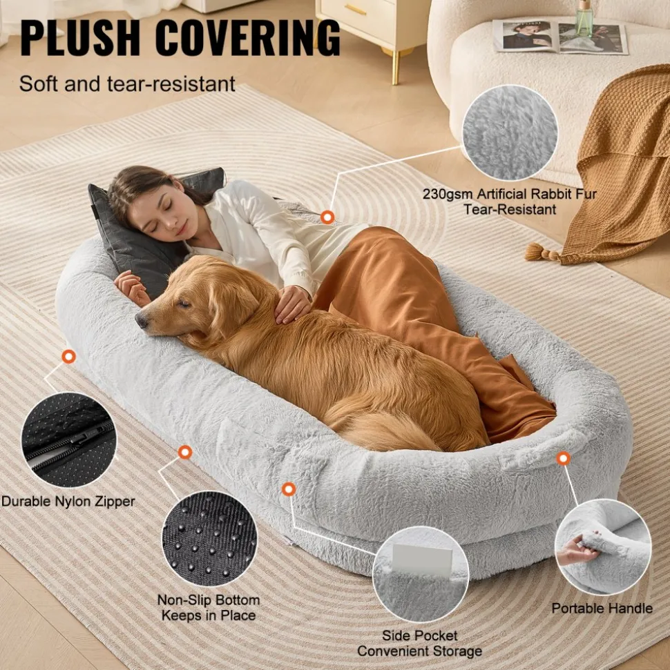 VEVOR Human Dog Bed, 67.7"x35"x9.8" Human Dog Bed for Adult, Human Size Dog Bed with Washable Faux Rabbit Fur Cover, Egg Orthopedic Foam, Storage Pocket, Large Dog Bean Bed, Light Grey