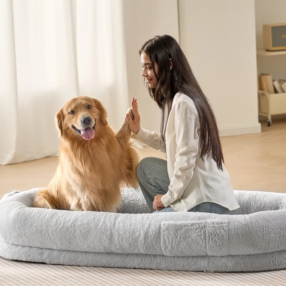 VEVOR Human Dog Bed, 67.7"x35"x9.8" Human Dog Bed for Adult, Human Size Dog Bed with Washable Faux Rabbit Fur Cover, Egg Orthopedic Foam, Storage Pocket, Large Dog Bean Bed, Light Grey