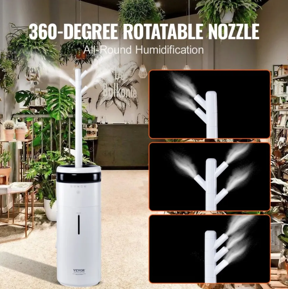 VEVOR Humidifier for Home Large Room, Commercial Humidifier for Whole House 1291.7 sq ft, 16L Water Tank & Night Light & 12h Timer & Auto Shut-Off , Greenhouse, Commercial Branch Tube w/ 360° Nozzle
