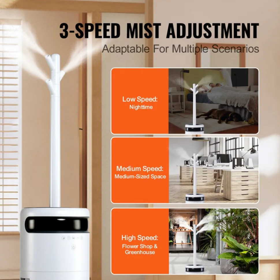 VEVOR Humidifier for Home Large Room, Commercial Humidifier for Whole House 1291.7 sq ft, 16L Water Tank & Night Light & 12h Timer & Auto Shut-Off , Greenhouse, Commercial Branch Tube w/ 360° Nozzle