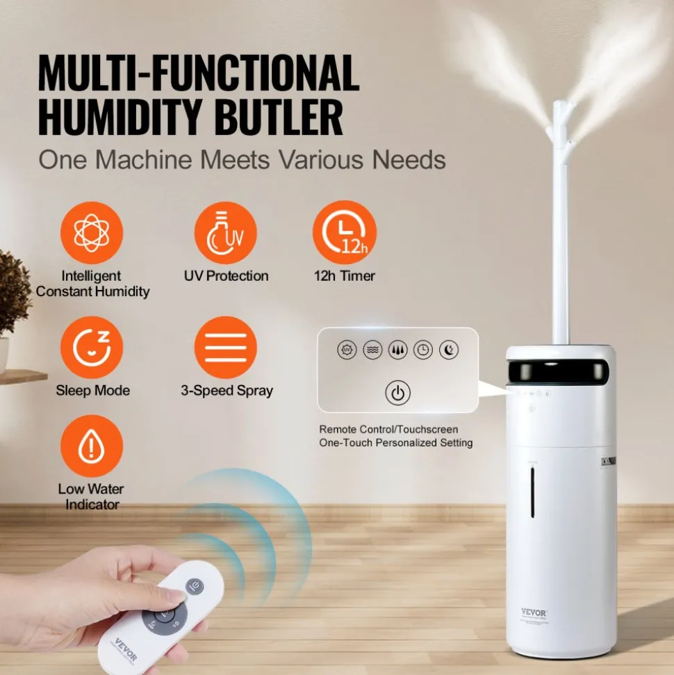 VEVOR Humidifier for Home Large Room, Commercial Humidifier for Whole House 1291.7 sq ft, 16L Water Tank & Night Light & 12h Timer & Auto Shut-Off , Greenhouse, Commercial Branch Tube w/ 360° Nozzle