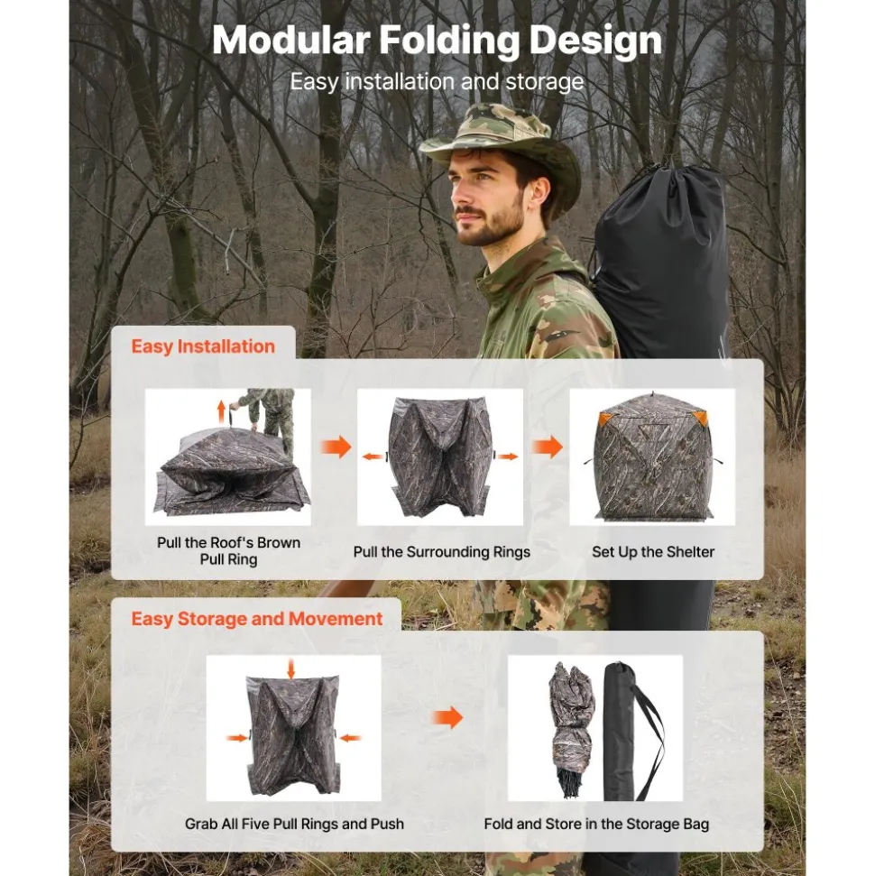 VEVOR Hunting Blind, 270° Ground Blind, 1-2 Person Pop Up Deer Blind for Hunting with Carrying Bag, Portable Resilient Hunting Tent, 3 Horizontal Windows for Turkey and Deer Hunting