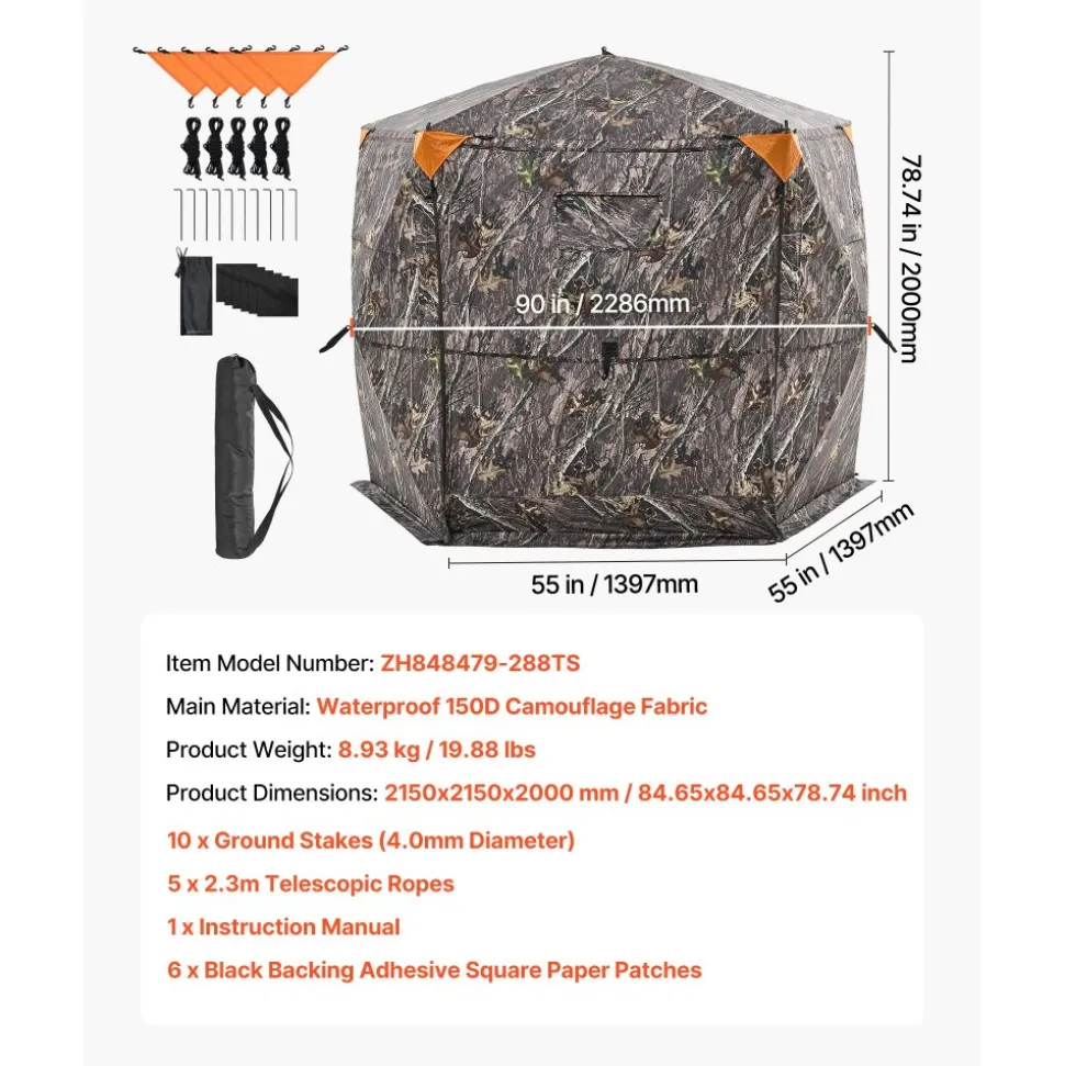 VEVOR Hunting Blind, 6-7 Person, 288 Degree 5 Side See-Through Ground Blinds with Carrying Bag, Portable Camouflage Tent, Durable Concealed Shelter with Silent Zipper Door and Window, for Turkey Deer