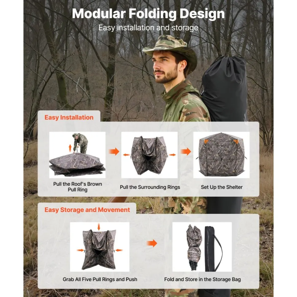 VEVOR Hunting Blind, 6-7 Person, 288 Degree 5 Side See-Through Ground Blinds with Carrying Bag, Portable Camouflage Tent, Durable Concealed Shelter with Silent Zipper Door and Window, for Turkey Deer