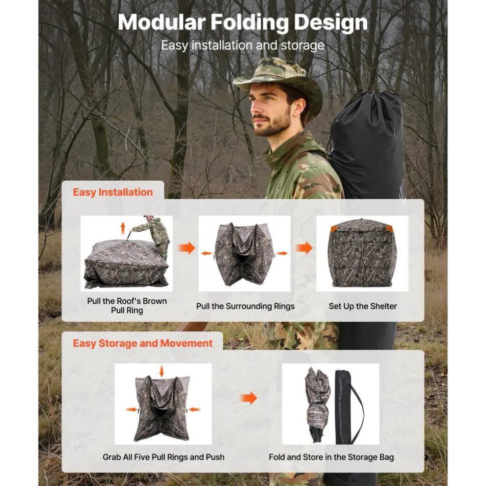 VEVOR Hunting Blind, 4-5 Person See Through Ground Blinds with Carrying Bag, 270 Degree Portable Camouflage Tent, Durable Concealed Shelter with Silent Magnetic Door and Window, for Turkey and Deer