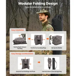 VEVOR Hunting Blind, 2-3 Person See Through Ground Blinds with Carrying Bag, 360 Degree Portable Camouflage Tent, Durable Concealed Shelter with Silent Side Door and Window, for Turkey and Deer