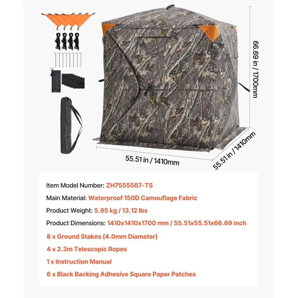 VEVOR Hunting Blind, 270° See Through Ground Blind, 1-2 Person Pop Up Deer Blind for Hunting with Carrying Bag, Portable Resilient Hunting Tent, One-Way See-Through Mesh for Turkey and Deer Hunting