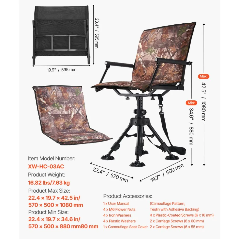 VEVOR Hunting Chair, 360° Silent Swivel, Foldable Portable Blind Chair, Heavy-Duty Steel Frame Ground Stool Seat, with Armrests, Cover, Anti-Sink Feet, Height Adjustable, 350 Lbs Capacity for Camping