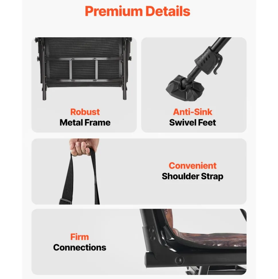 VEVOR Hunting Chair, 360° Silent Swivel, Foldable Portable Blind Chair, Heavy-Duty Steel Frame Ground Stool Seat, with Armrests, Cover, Anti-Sink Feet, Height Adjustable, 350 Lbs Capacity for Camping