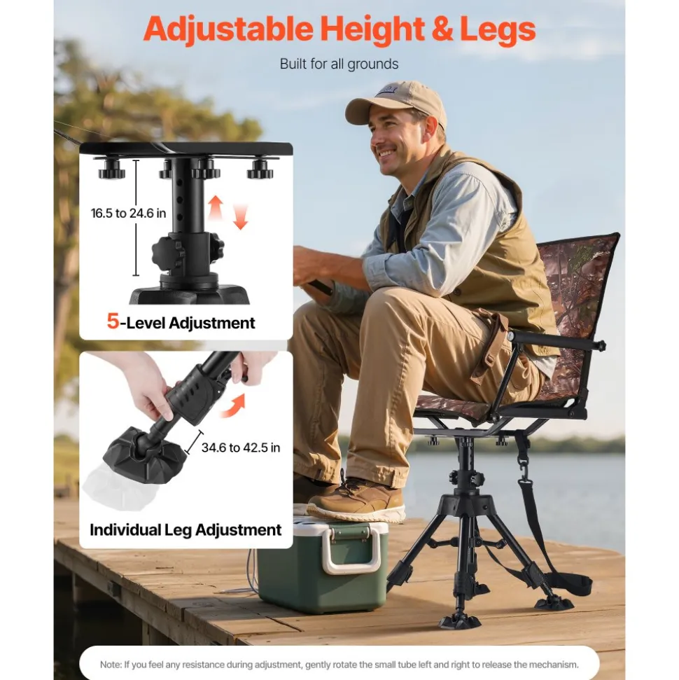 VEVOR Hunting Chair, 360° Silent Swivel, Foldable Portable Blind Chair, Heavy-Duty Steel Frame Ground Stool Seat, with Armrests, Cover, Anti-Sink Feet, Height Adjustable, 350 Lbs Capacity for Camping