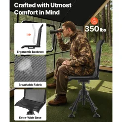 VEVOR Hunting Chair, 360° Silent Swivel, Foldable Portable Blind Chair, Heavy-Duty Steel Frame Ground Stool Seat with Anti-Sink Swivel Feet, Height Adjustable, 350 Lbs Capacity for Fishing Camping