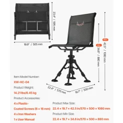 VEVOR Hunting Chair, 360° Silent Swivel, Foldable Portable Blind Chair, Heavy-Duty Steel Frame Ground Stool Seat with Anti-Sink Swivel Feet, Height Adjustable, 350 Lbs Capacity for Fishing Camping