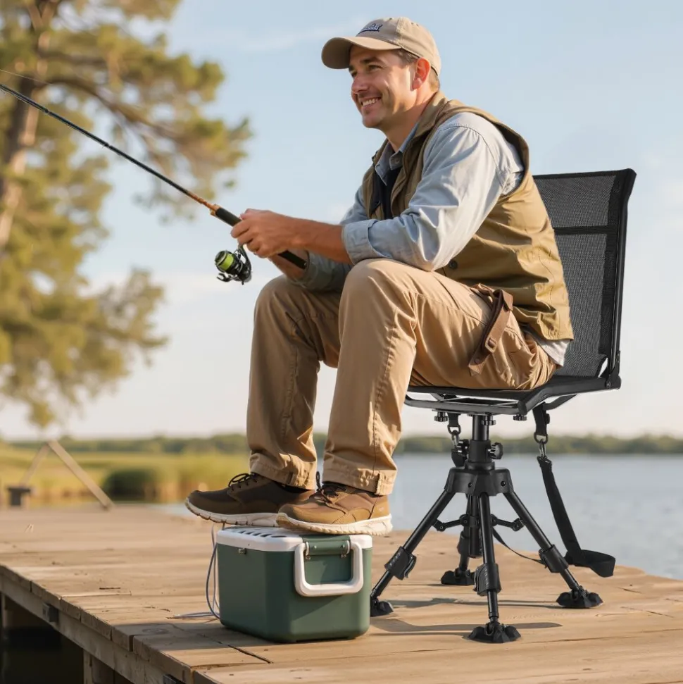 VEVOR Hunting Chair, 360° Silent Swivel, Foldable Portable Blind Chair, Heavy-Duty Steel Frame Ground Stool Seat with Anti-Sink Swivel Feet, Height Adjustable, 350 Lbs Capacity for Fishing Camping