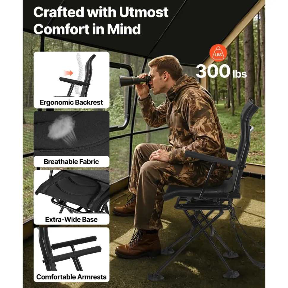 VEVOR Hunting Chair, 360° Silent Swivel, Foldable Portable Blind Chair, Heavy-Duty Steel Frame Ground Stool Seat, with Armrests, Adjustable Carry Strap, Anti-Sink Feet, 300 Lbs Capacity for Fishing