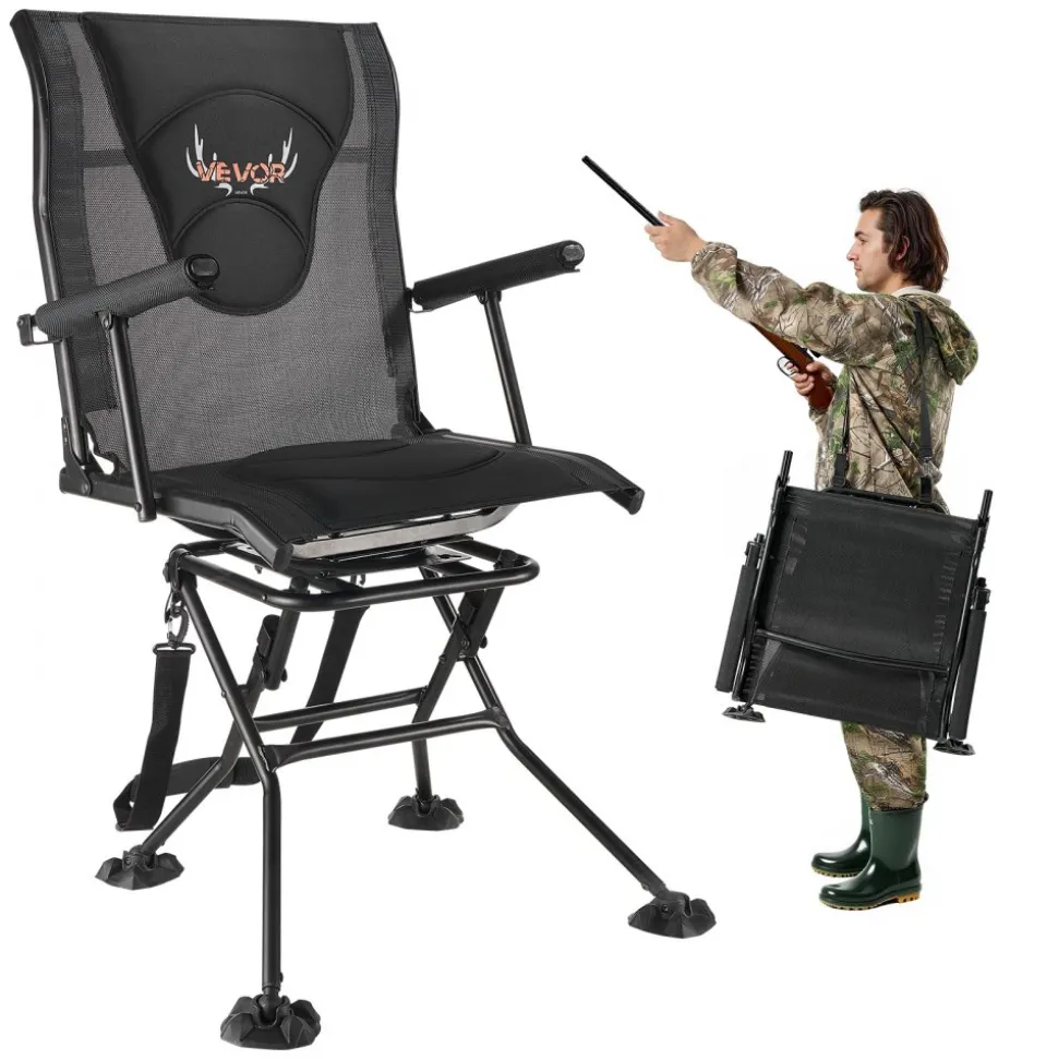 VEVOR Hunting Chair, 360° Silent Swivel, Foldable Portable Blind Chair, Heavy-Duty Steel Frame Ground Stool Seat, with Armrests, Adjustable Carry Strap, Anti-Sink Feet, 300 Lbs Capacity for Fishing