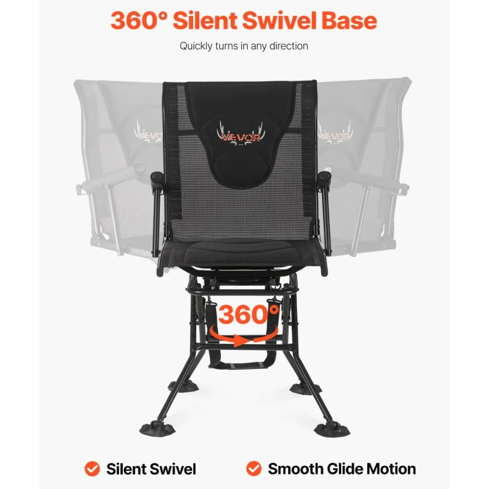 VEVOR Hunting Chair, 360° Silent Swivel, Foldable Portable Blind Chair, Heavy-Duty Steel Frame Ground Stool Seat, with Armrests, Adjustable Carry Strap, Anti-Sink Feet, 300 Lbs Capacity for Fishing