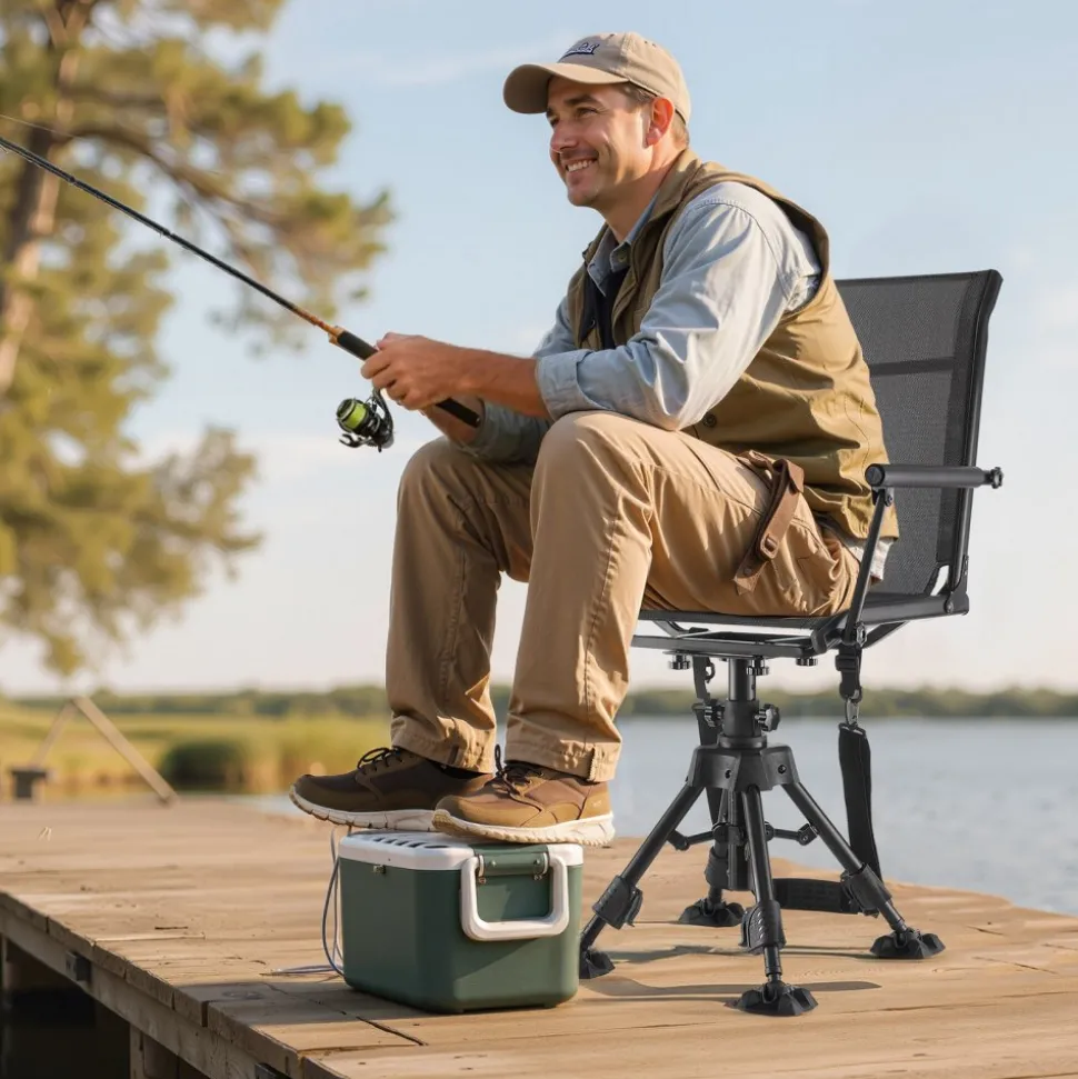 VEVOR Hunting Chair, 360° Silent Swivel, Foldable Lightweight Portable Blind Chair, Heavy-Duty Steel Frame Ground Stool Seat, with Armrest, Adjustable Carry Strap, 300 Lbs Capacity for Fishing Camping