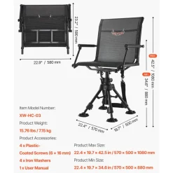 VEVOR Hunting Chair, 360° Silent Swivel, Foldable Lightweight Portable Blind Chair, Heavy-Duty Steel Frame Ground Stool Seat, with Armrest, Adjustable Carry Strap, 300 Lbs Capacity for Fishing Camping
