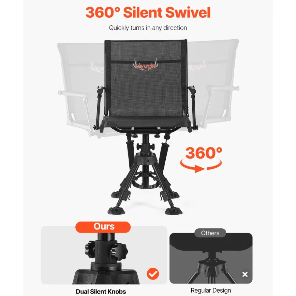 VEVOR Hunting Chair, 360° Silent Swivel, Foldable Lightweight Portable Blind Chair, Heavy-Duty Steel Frame Ground Stool Seat, with Armrest, Adjustable Carry Strap, 300 Lbs Capacity for Fishing Camping