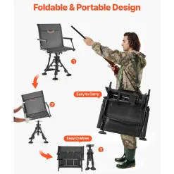 VEVOR Hunting Chair, 360° Silent Swivel, Foldable Lightweight Portable Blind Chair, Heavy-Duty Steel Frame Ground Stool Seat, with Armrest, Adjustable Carry Strap, 300 Lbs Capacity for Fishing Camping