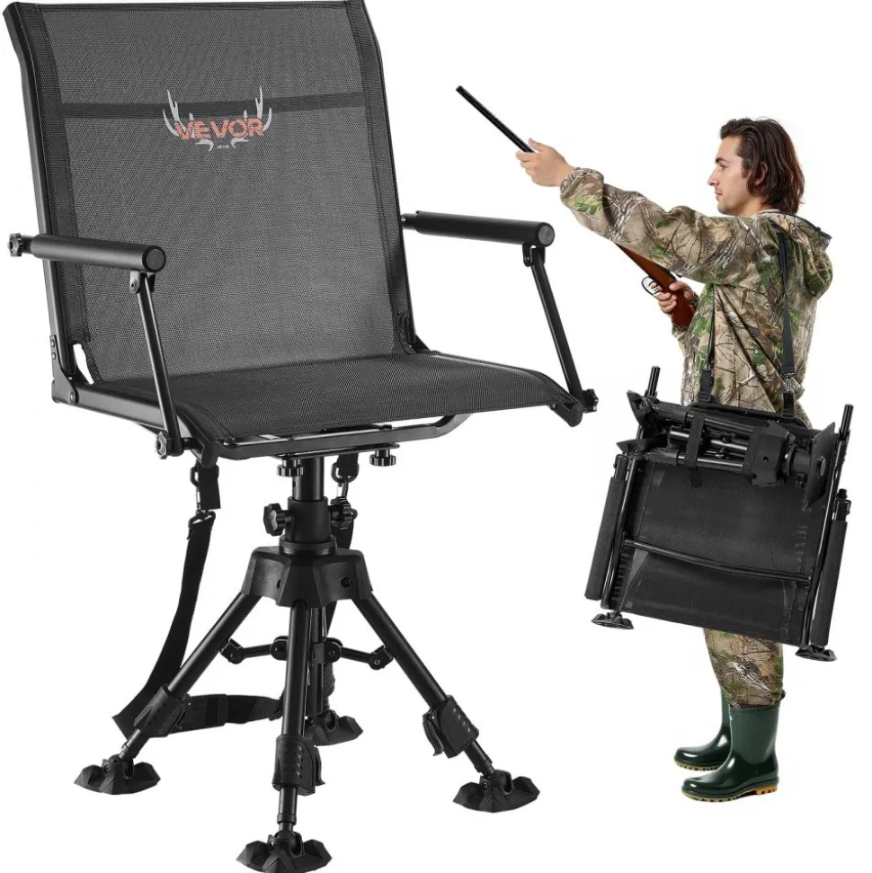 VEVOR Hunting Chair, 360° Silent Swivel, Foldable Lightweight Portable Blind Chair, Heavy-Duty Steel Frame Ground Stool Seat, with Armrest, Adjustable Carry Strap, 300 Lbs Capacity for Fishing Camping