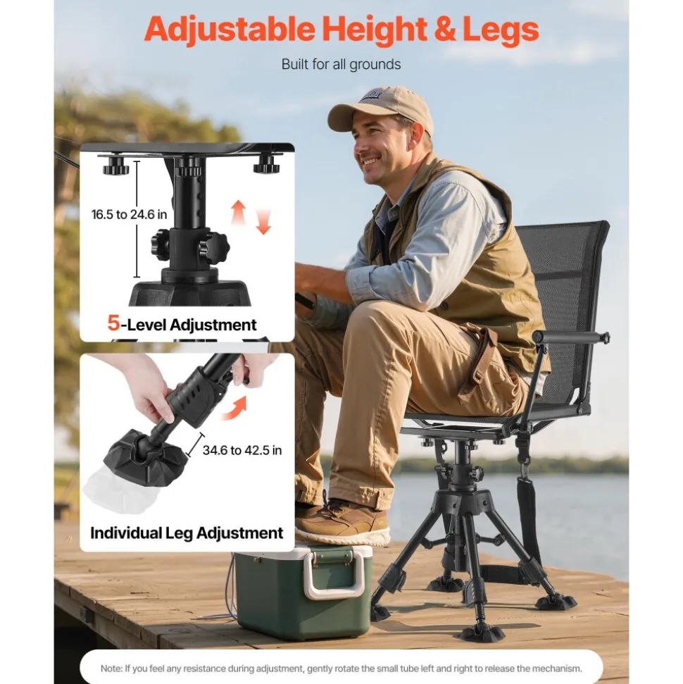 VEVOR Hunting Chair, 360° Silent Swivel, Foldable Lightweight Portable Blind Chair, Heavy-Duty Steel Frame Ground Stool Seat, with Armrest, Adjustable Carry Strap, 300 Lbs Capacity for Fishing Camping