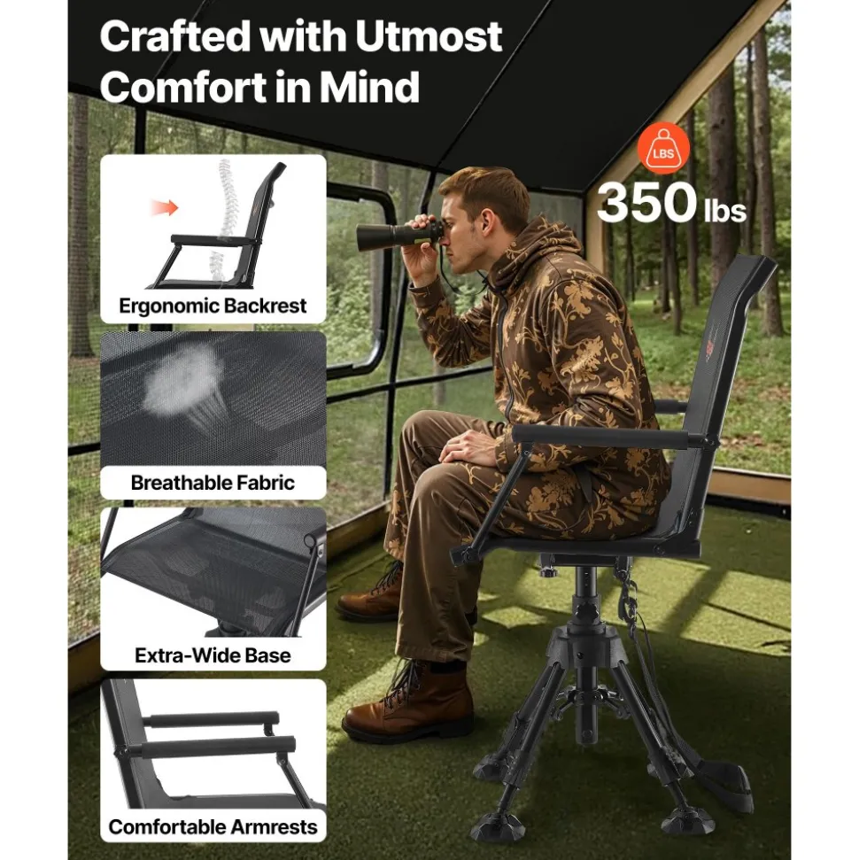VEVOR Hunting Chair, 360° Silent Swivel, Foldable Lightweight Portable Blind Chair, Heavy-Duty Steel Frame Ground Stool Seat, with Armrest, Adjustable Carry Strap, 300 Lbs Capacity for Fishing Camping