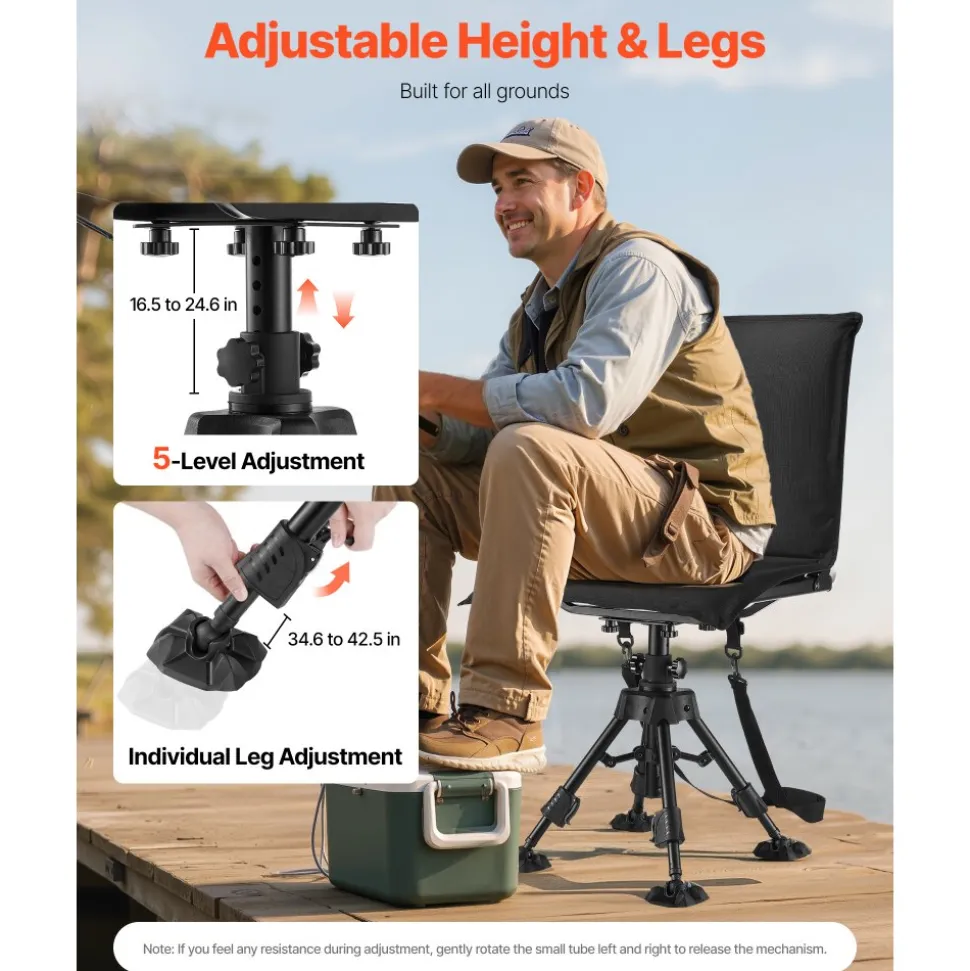 VEVOR Hunting Chair, 360° Silent Swivel, Foldable Portable Blind Chair, Heavy-Duty Steel Frame Ground Stool Seat,with Seat Cover, Anti-Sink Feet, Height Adjustable, 350 Lbs Capacity, for Fishing