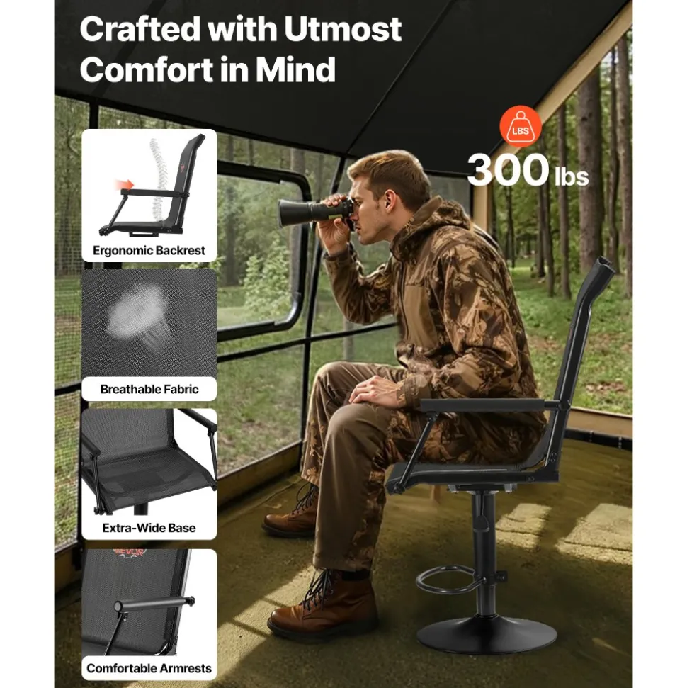 VEVOR Hunting Chair, 360° Silent Swivel, Lightweight Blind Chair, Heavy-Duty Steel Frame Ground Stool Seat, with Padded Armrests, Height Adjustable, 300 Lbs Capacity, for Outdoor Fishing, Camping