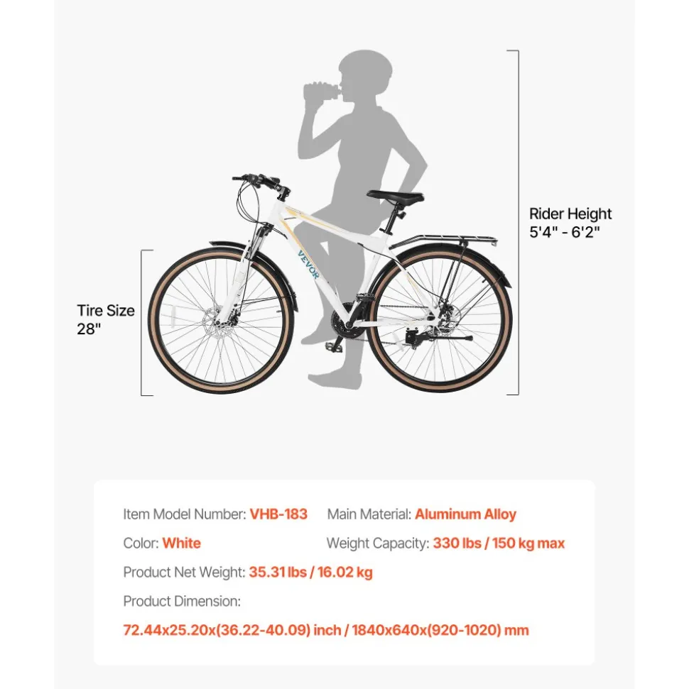 VEVOR Hybrid Bike, Lightweight Aluminum Frame Bike, 700c Wheel Men Women Hybrid Bicycle, Step-Over Adult Urban City Commuter Bikes, with 24-Speed Shimano Drivetrain, Alloy Adjustable Stem, Dual Brakes