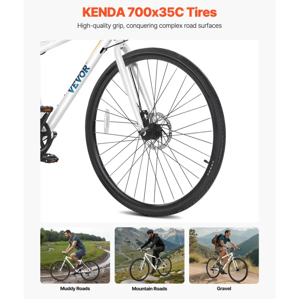 VEVOR Hybrid Bike, Lightweight Aluminum Frame Bike, 700c Wheel Men Women Hybrid Bicycle, Step-Over Adult Urban City Commuter Bikes, with 7 Speed, Alloy Adjustable Stem, Disc Brakes, Adjustable Seat