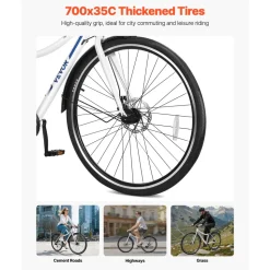 VEVOR Hybrid Bike, Lightweight Aluminum Frame Bike, 700c Wheel Men and Women Hybrid Bicycle, Step-Through Adult Urban City Commuter Bikes with 7-Speed Shimano Drivetrain, Dual Brake, Adjustable Seat