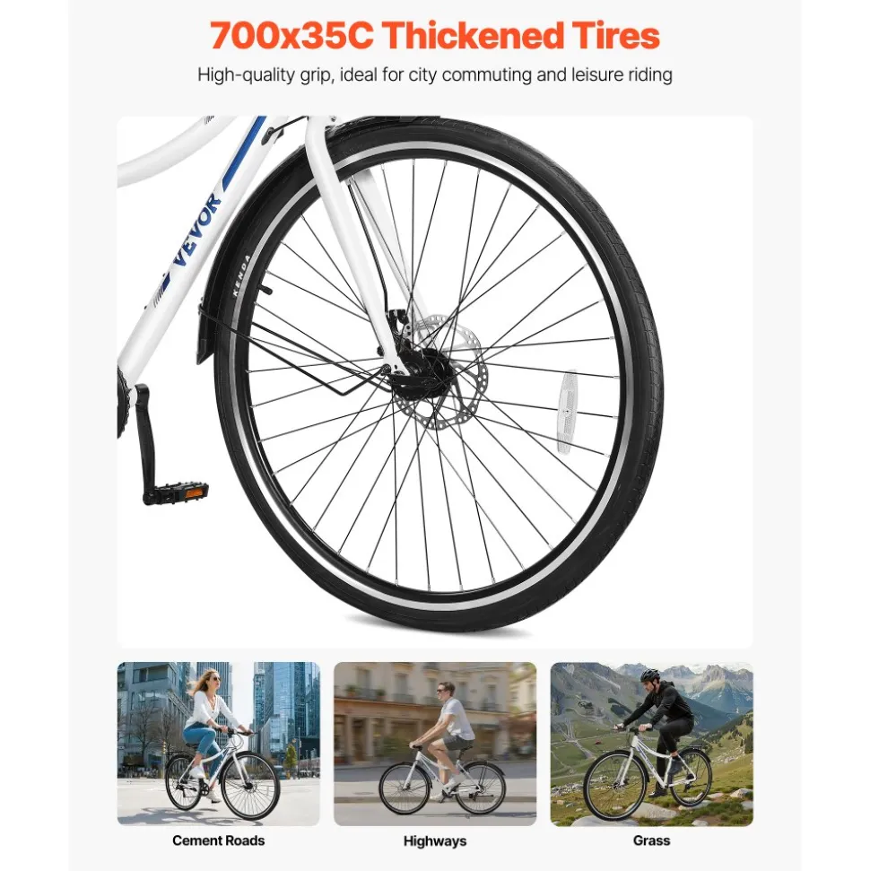 VEVOR Hybrid Bike, Lightweight Aluminum Frame Bike, 700c Wheel Men and Women Hybrid Bicycle, Step-Through Adult Urban City Commuter Bikes with 7-Speed Shimano Drivetrain, Dual Brake, Adjustable Seat