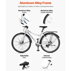 VEVOR Hybrid Bike, Lightweight Aluminum Frame Bike, 700c Wheel Men and Women Hybrid Bicycle, Step-Through Adult Urban City Commuter Bikes with 7-Speed Shimano Drivetrain, Dual Brake, Adjustable Seat