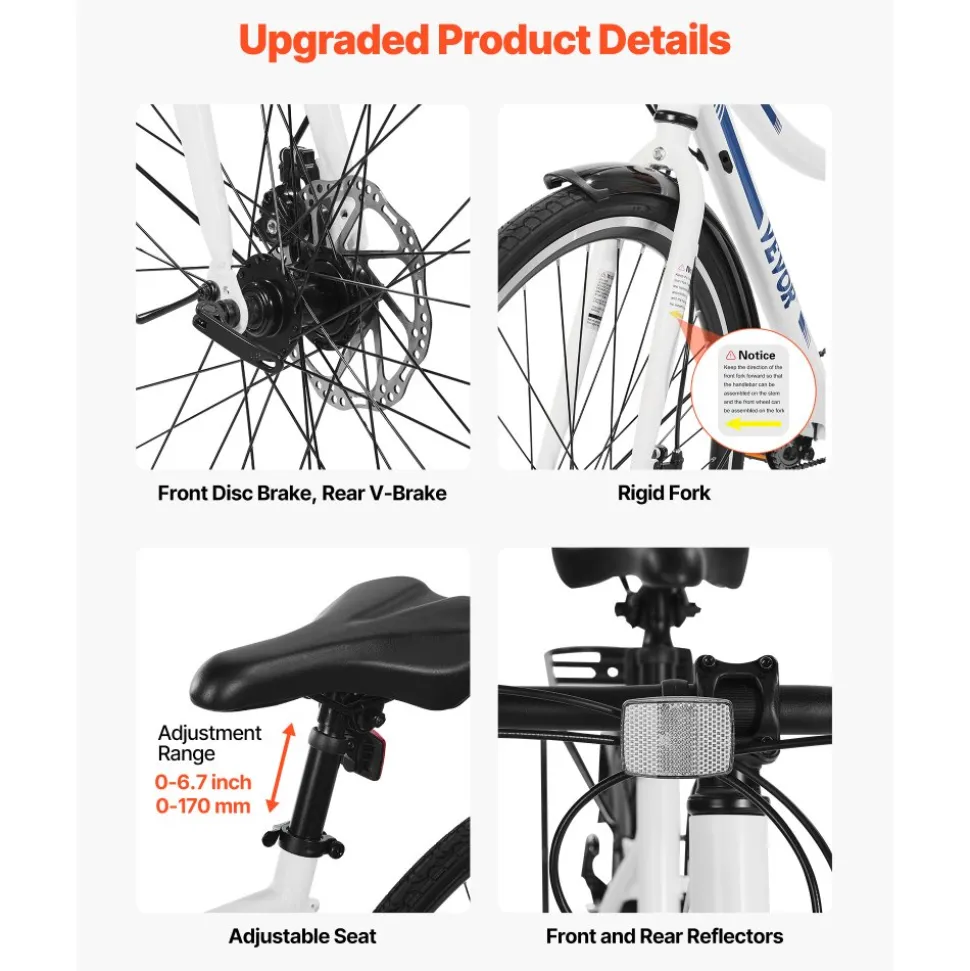VEVOR Hybrid Bike, Lightweight Aluminum Frame Bike, 700c Wheel Men and Women Hybrid Bicycle, Step-Through Adult Urban City Commuter Bikes with 7-Speed Shimano Drivetrain, Dual Brake, Adjustable Seat