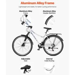 VEVOR Hybrid Bike, Lightweight Aluminum Frame Bike, 700c Wheel Men and Women Hybrid Bicycle, Step-Through Adult Urban City Commuter Bikes, 21-Speed Shimano Drivetrain, Dual Brakes, Front Suspension