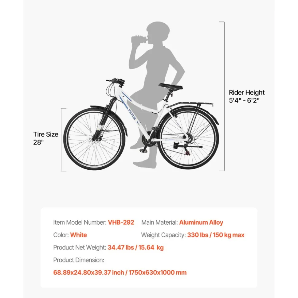 VEVOR Hybrid Bike, Lightweight Aluminum Frame Bike, 700c Wheel Men and Women Hybrid Bicycle, Step-Through Adult Urban City Commuter Bikes, 21-Speed Shimano Drivetrain, Dual Brakes, Front Suspension